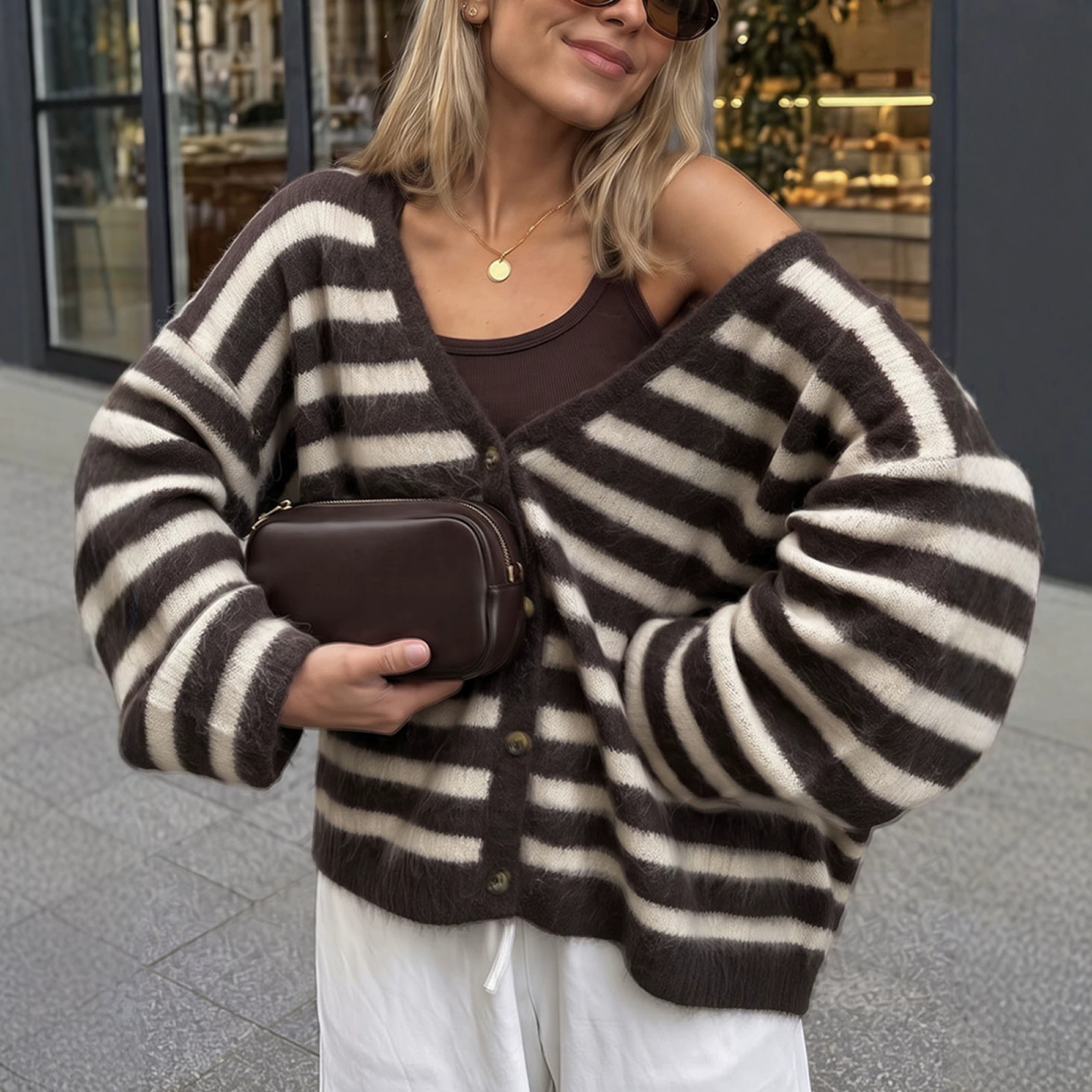 Striped Knit Cardigan Loose Fit Retro Crew Neck Long Sleeve