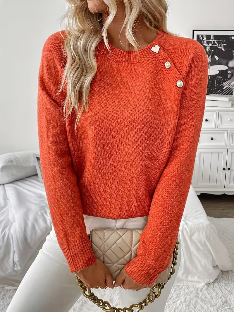 Women's Asymmetric Button Crewneck Long Sleeve Knit Sweater