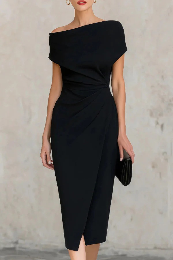 Navy One-Shoulder Twist Waist Slit Bodycon Midi Dress