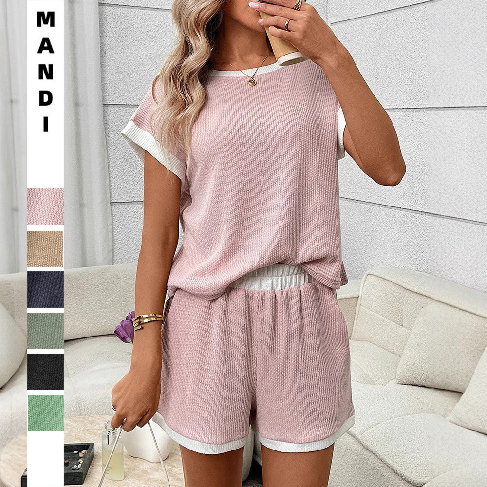 Women's Colorblock Knit Short Sleeve Tee and Shorts Two-Piece Set