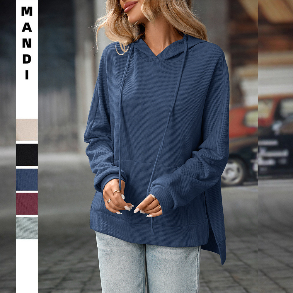 Waffle Knit Hooded Sweatshirt Women's Long Sleeve Pullover