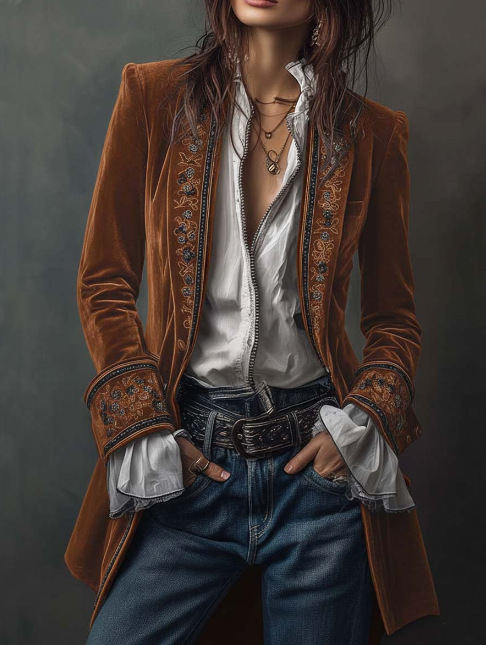 Women's Long Sleeve Velvet Lace-Trim Colorblock Jacket