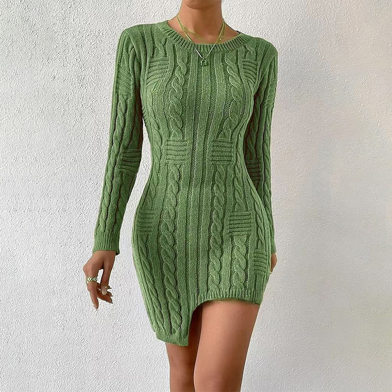 Crewneck Knit Sweater Dress Slim Bodycon Midi Pullover