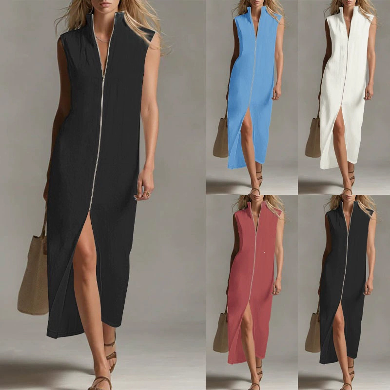 Stand Collar Sleeveless Split Long Dress Solid Loose Fit