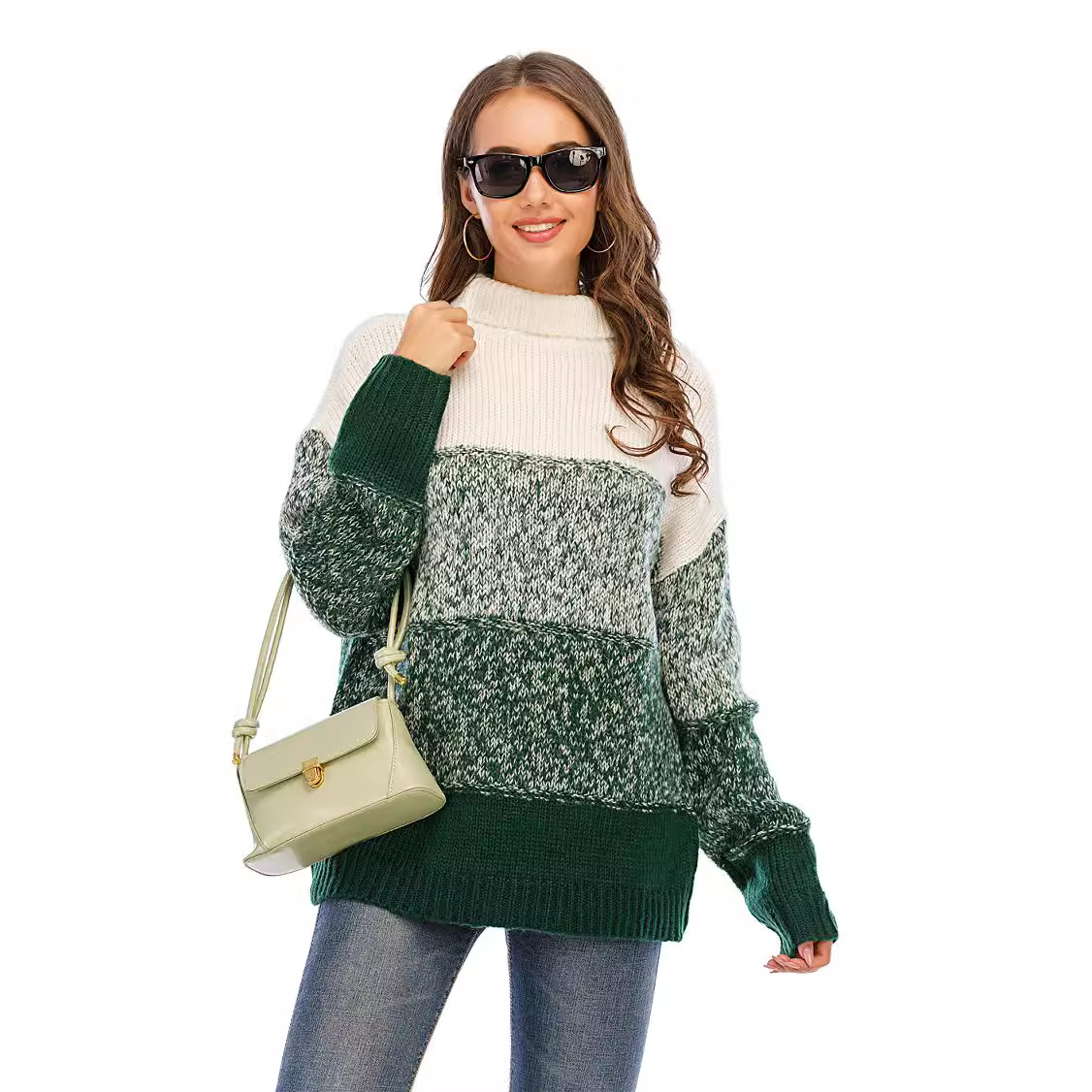 Plus Size Women's Patchwork Knit Sweater with High Neck, Loose Fit