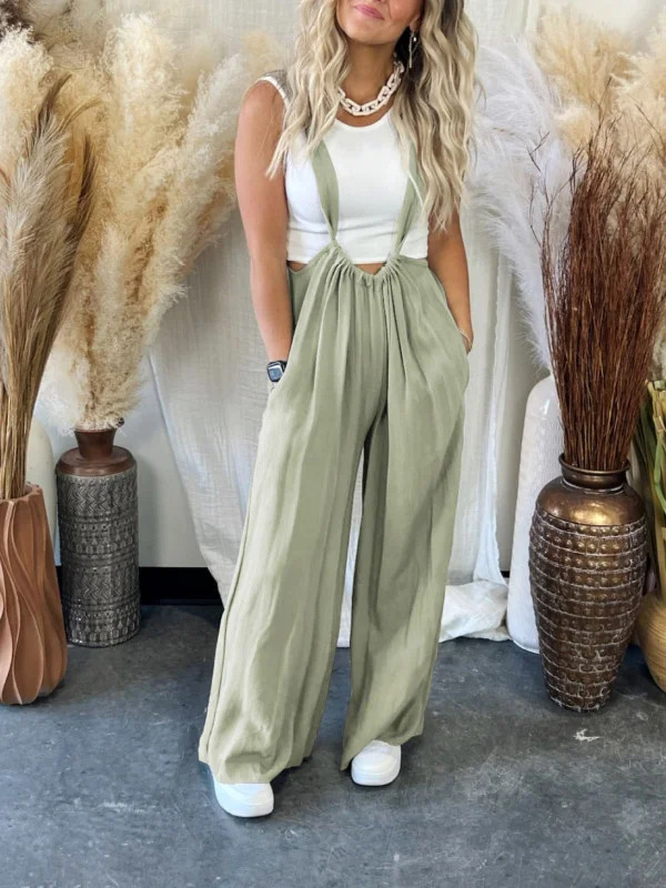 Women's Cotton-Linen Wide-Leg Jumpsuit with Straps