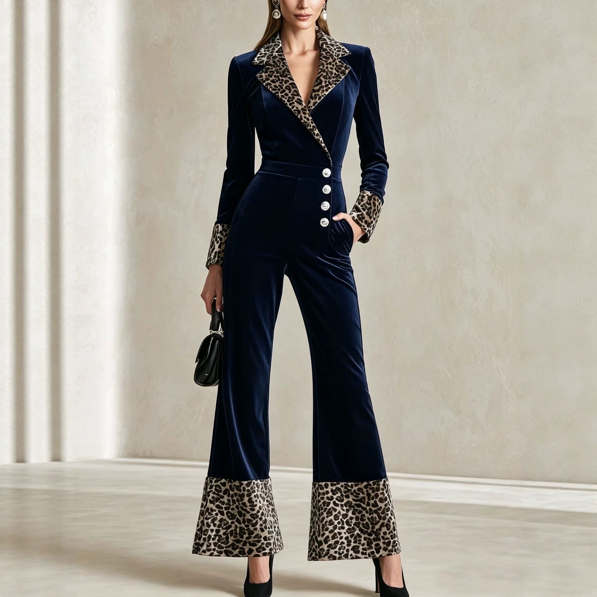 Leopard Print Long Sleeve Long Pants Jumpsuit