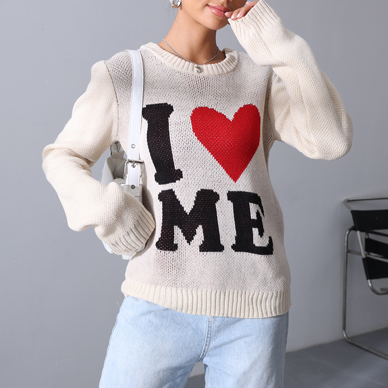 Heart Jacquard Knit Sweater Loose Crewneck Pullover Long Sleeve