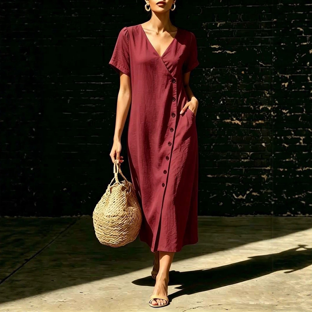 Women's V-Neck Button A-Line Midi Dress with Puff Sleeves
