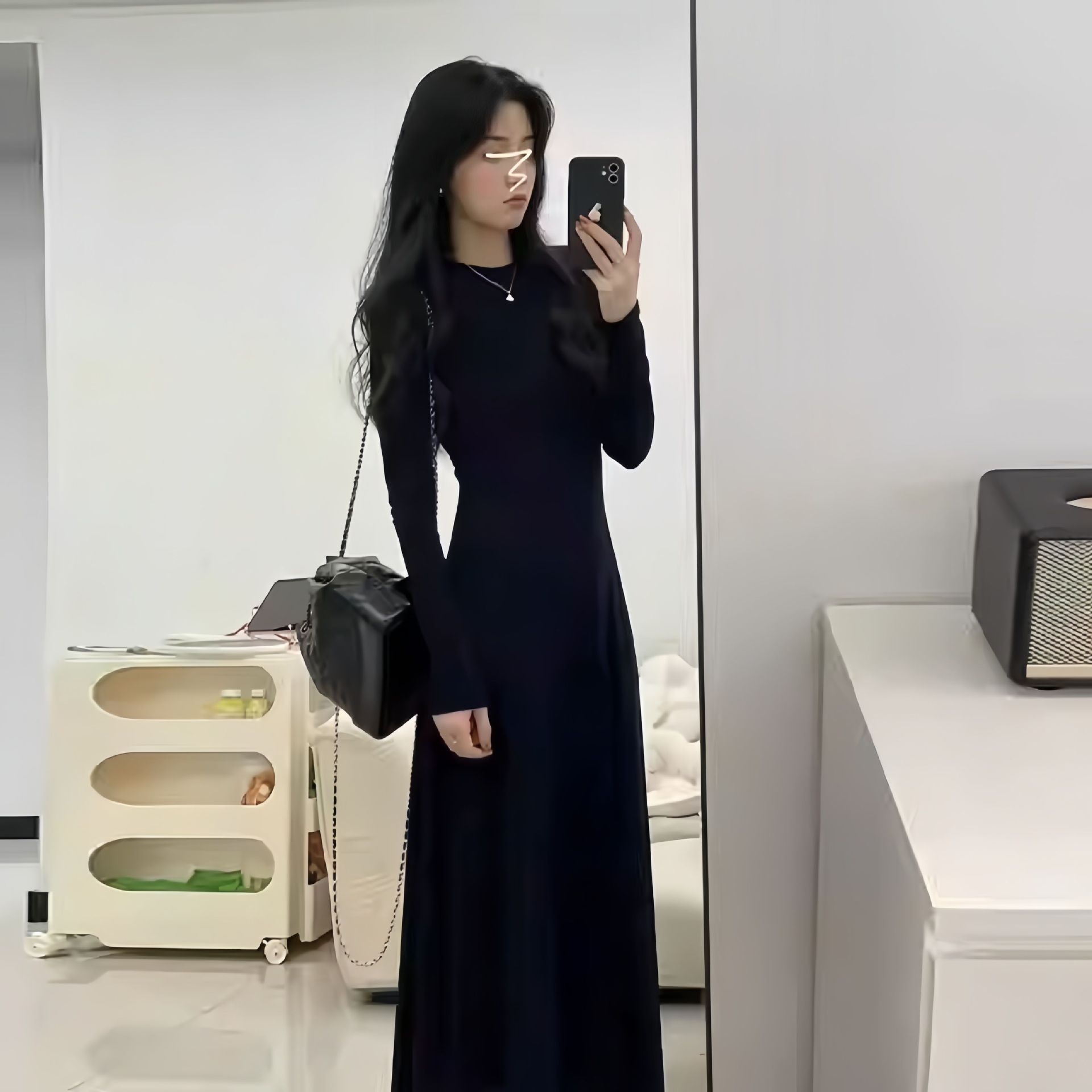 Hepburn Style Black Long Sleeve Dress French Waist-Slimming A-Line Long Dress