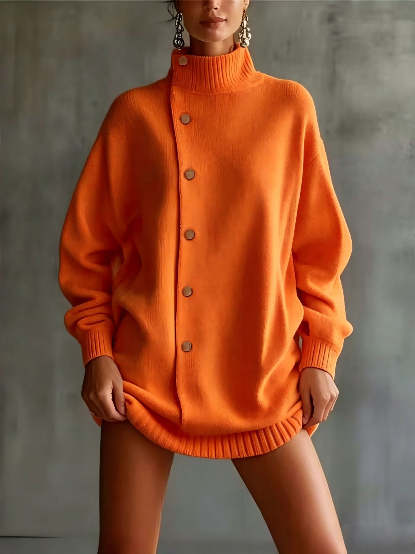 Women's Turtleneck Knit Cardigan Sweater Coat Loose Fit