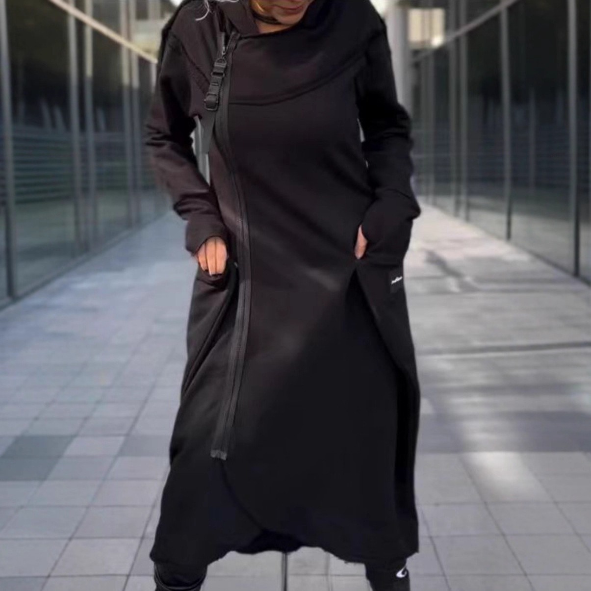 Solid Color Zip Pocket Asymmetrical Long Hoodie for Women