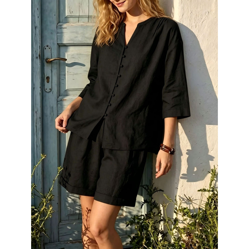Women's Solid V-Neck Loose Top & High-Waist Wide-Leg Shorts Set