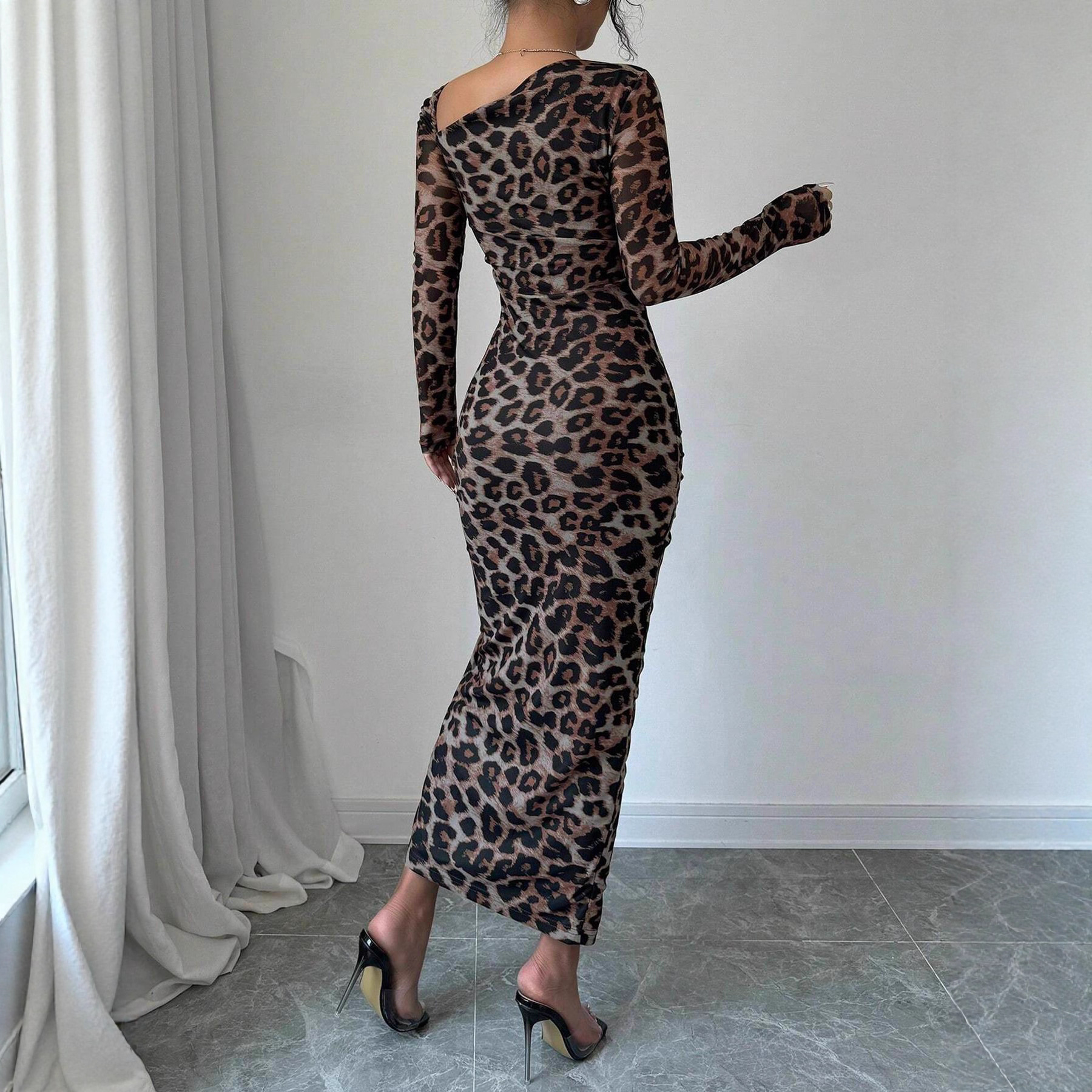 Leopard Print Bodycon Dress Long Sleeve Slim Fit