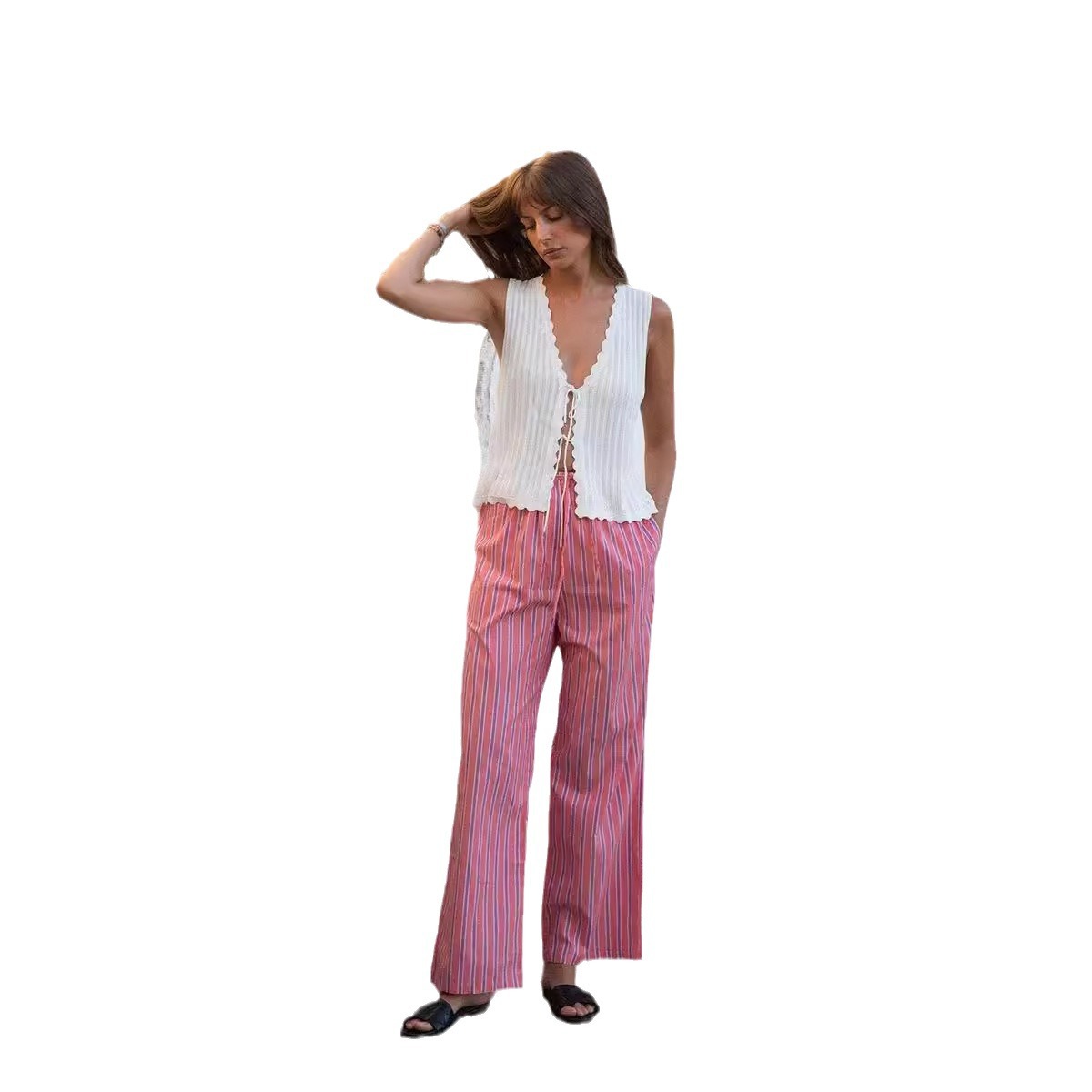 Women's Striped Wide-Leg Drawstring Pants Casual Loose Fit