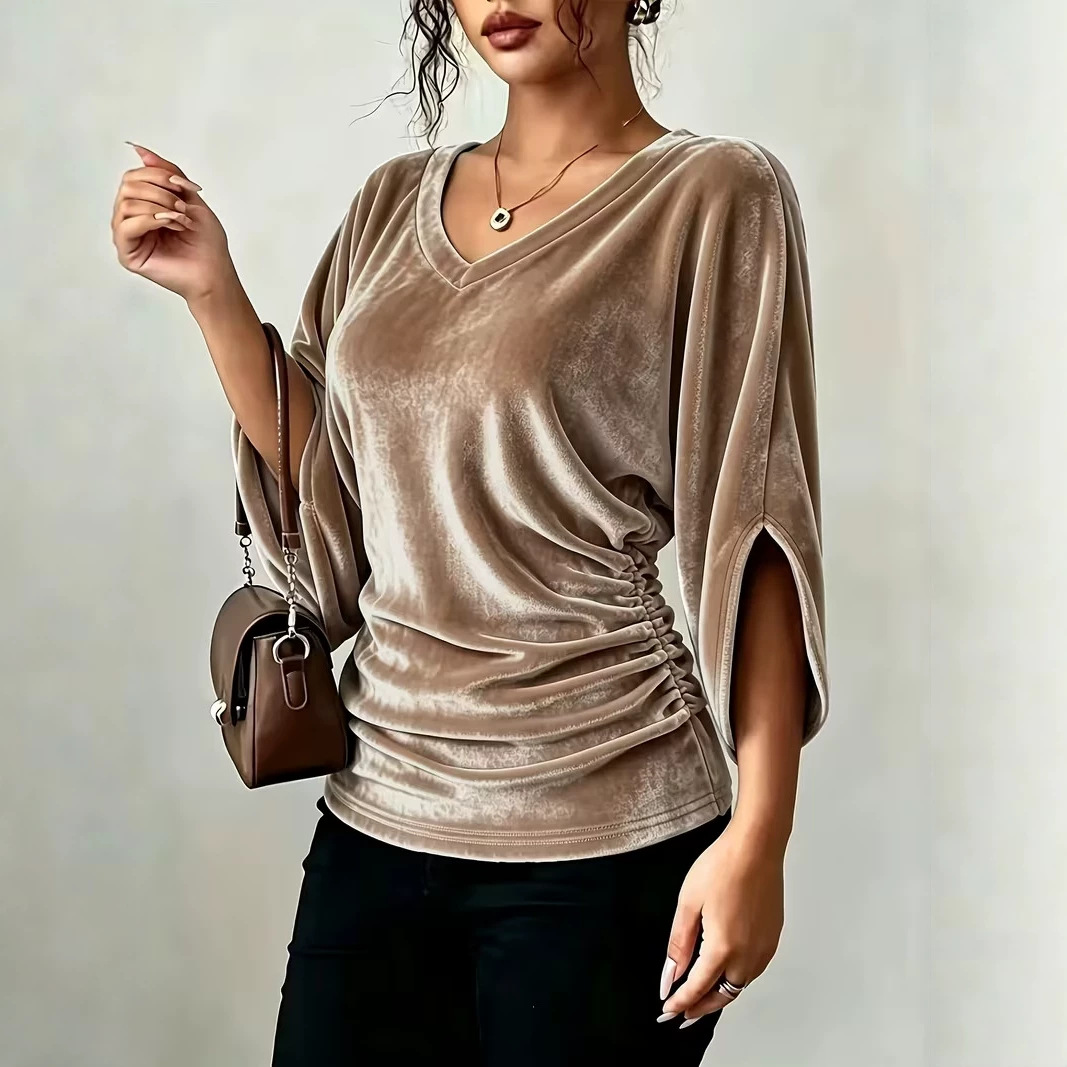 Women's Velvet V-Neck Batwing Sleeve Top