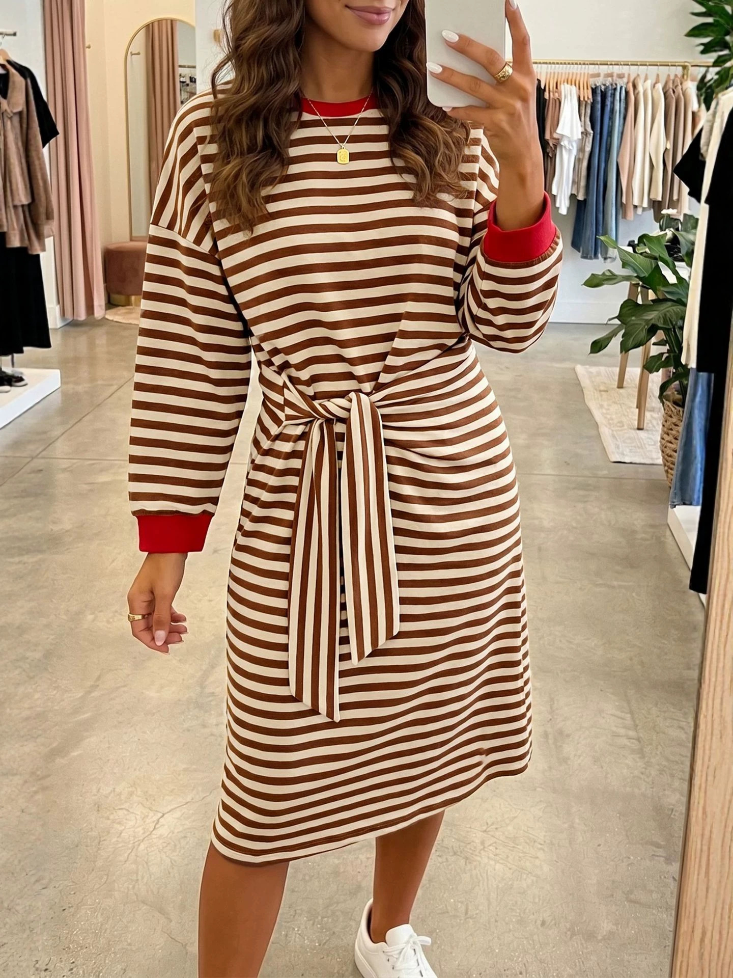 Striped Patchwork Long Sleeve Tie-Waist Loose Casual Dress