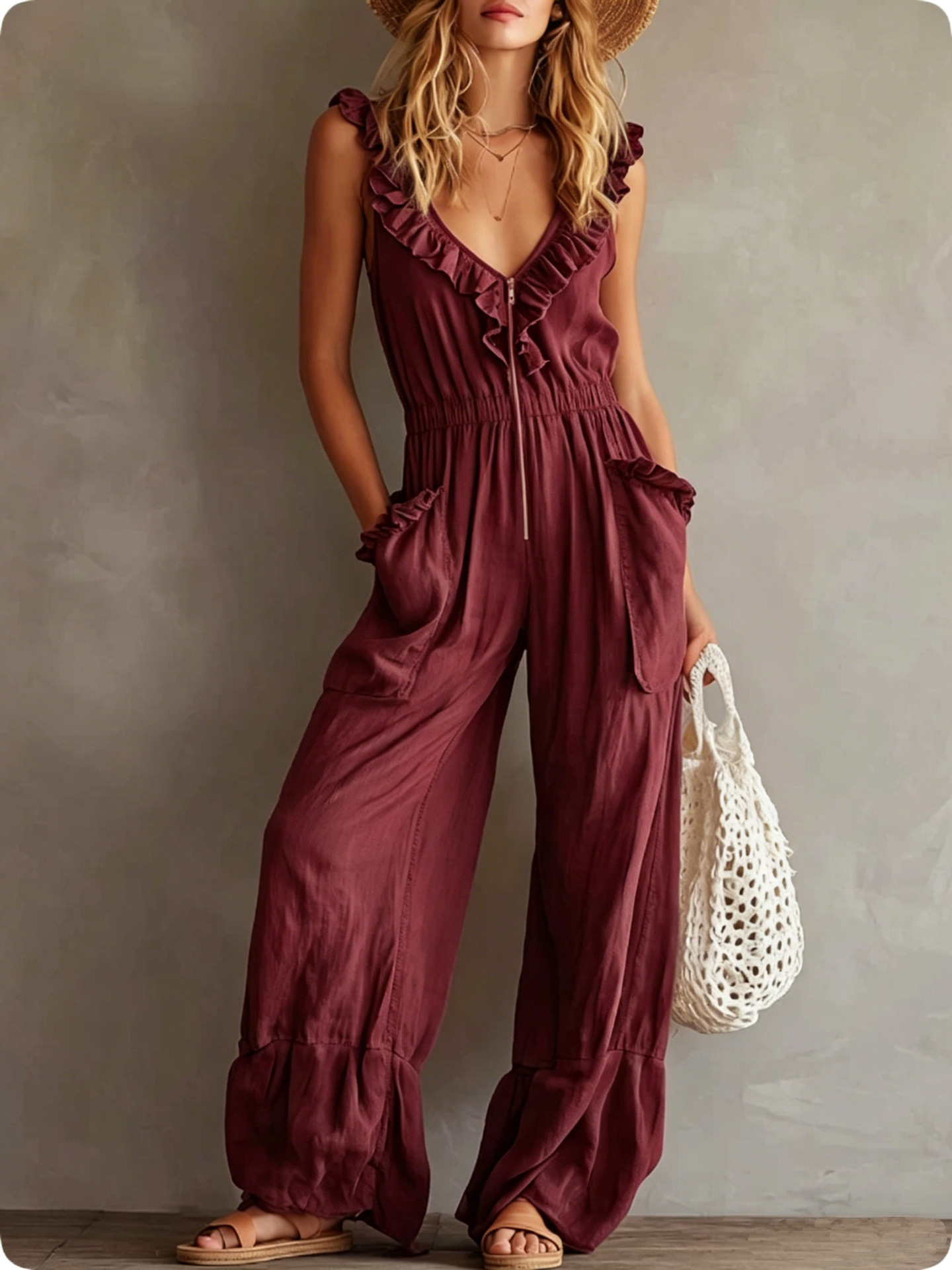 Sleeveless Pleated Solid Color Wide-Leg Jumpsuit