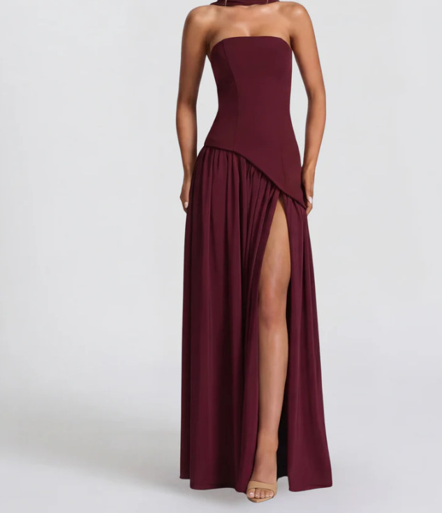Women's Strapless Solid High Slit Backless Long Dress