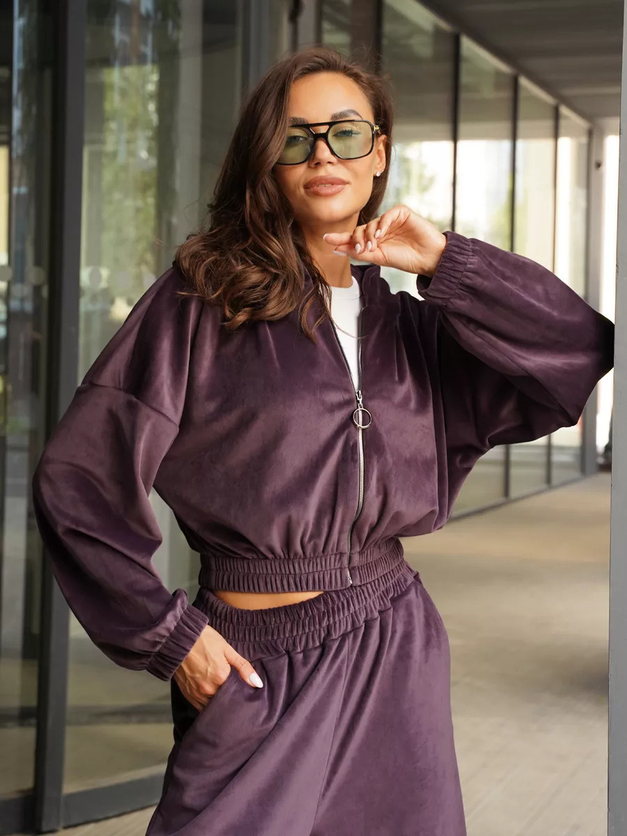 Women's Hooded Zip-Up Sweatsuit 2-Piece Set, Velvet, Long Sleeve