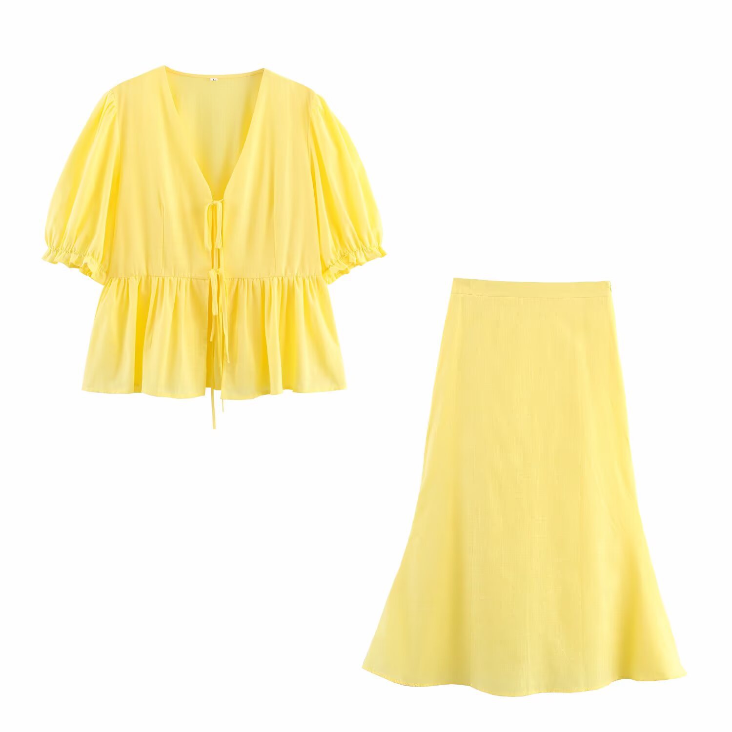 Puff Sleeve V-Neck Tie Top and Skirt Set