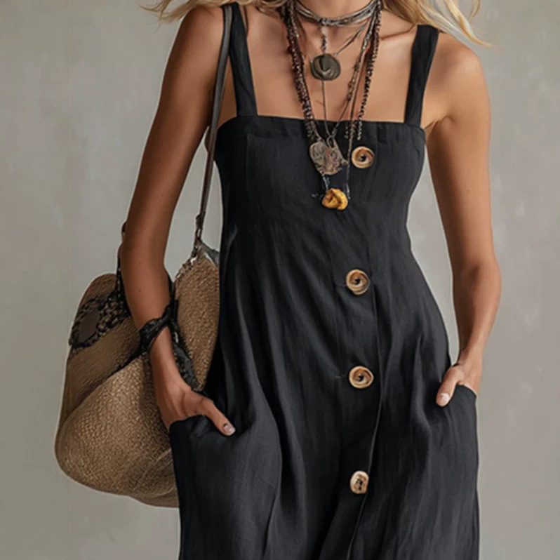 Elegant Black Square-Neck Sleeveless Maxi Dress with Slit