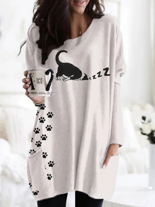 Women's Animal Print A-Line Midi Dress Long Sleeve Crew Neck Casual