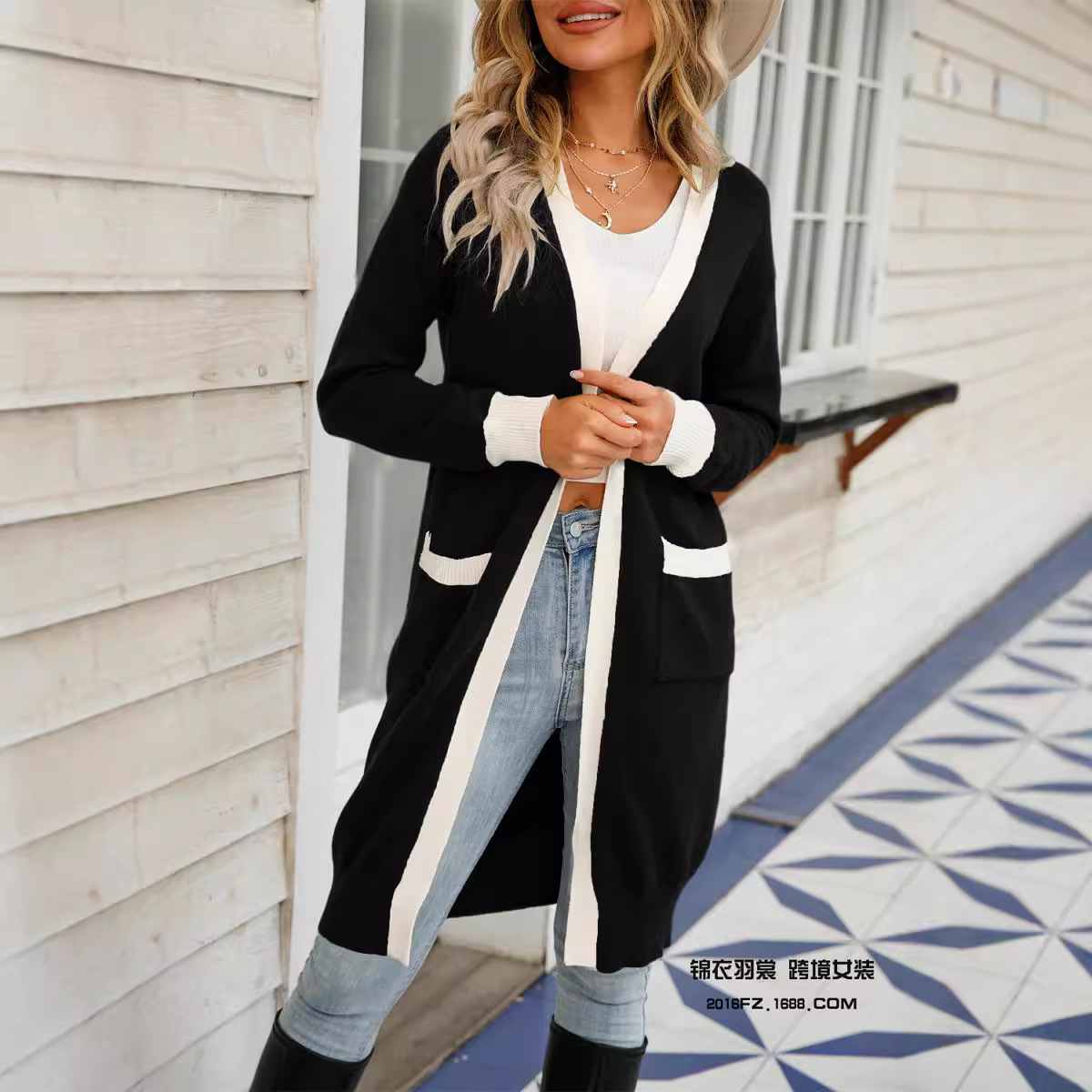 Long Open-Front Cardigan Sweater, Plus Size, Color-Block Knit