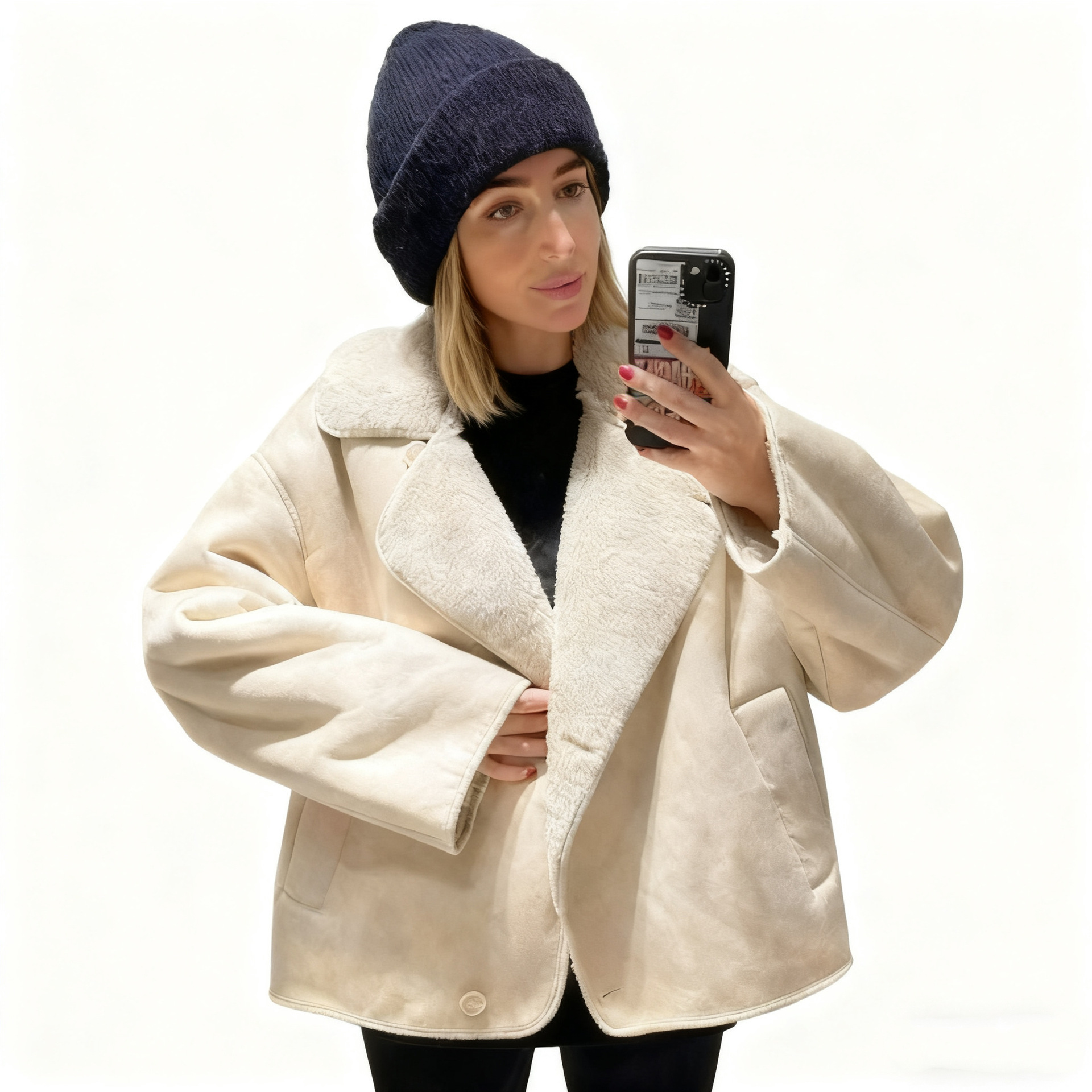 Faux Fur & Leather Baseball Jacket with Lapel Collar