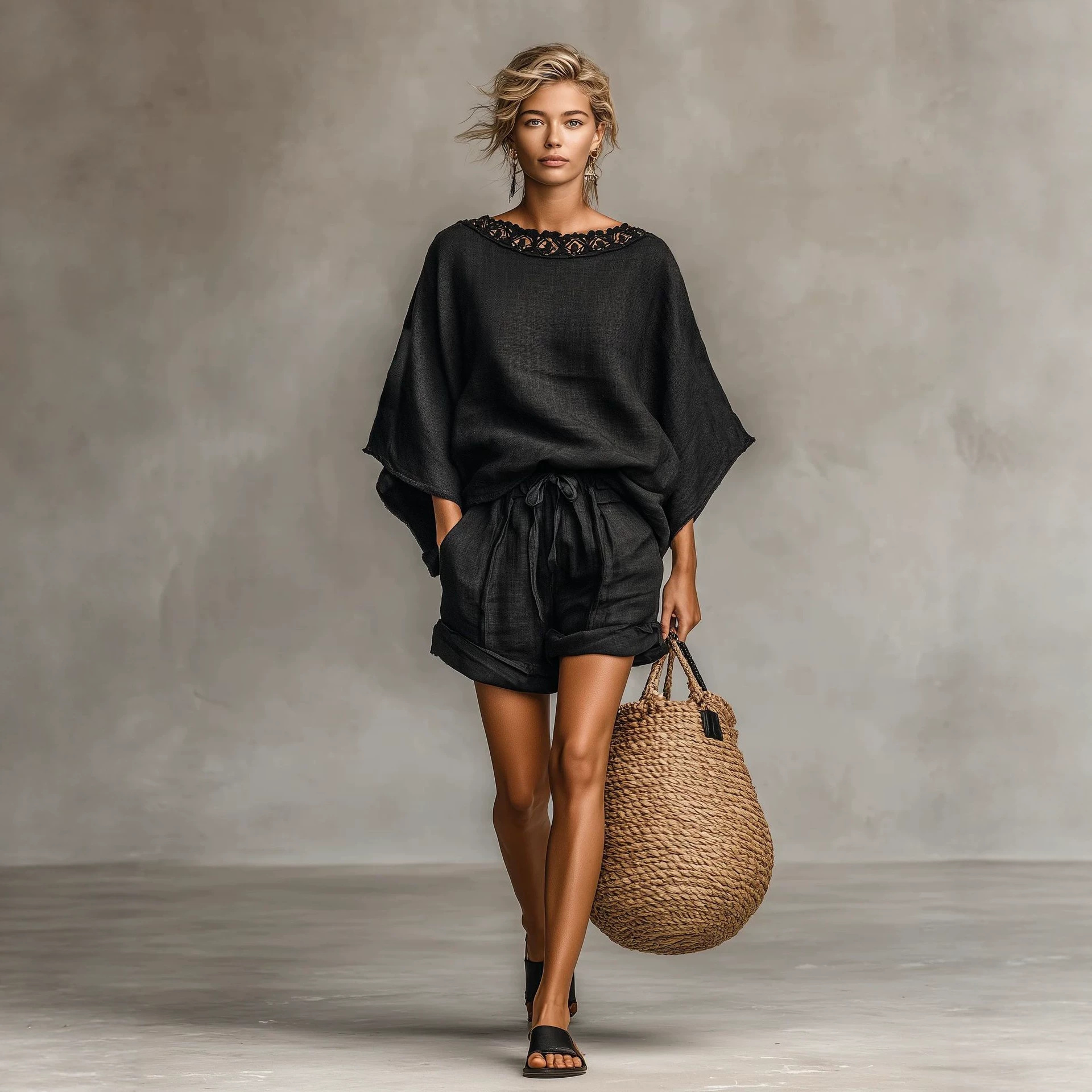 Women's Lace Trim Loose Batwing Sleeve Top