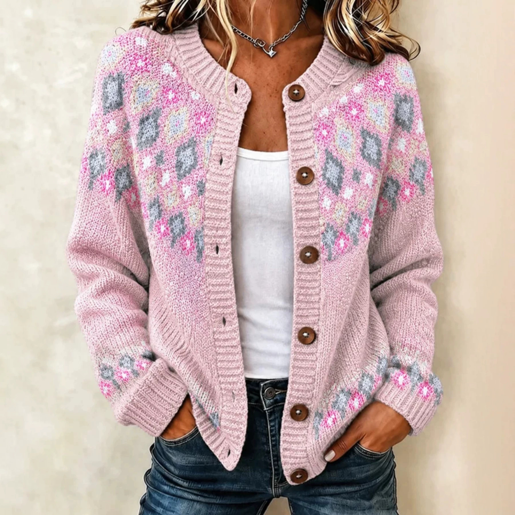 Women's Floral Print Long Cardigan Casual Trendy Knit-Look Sweater
