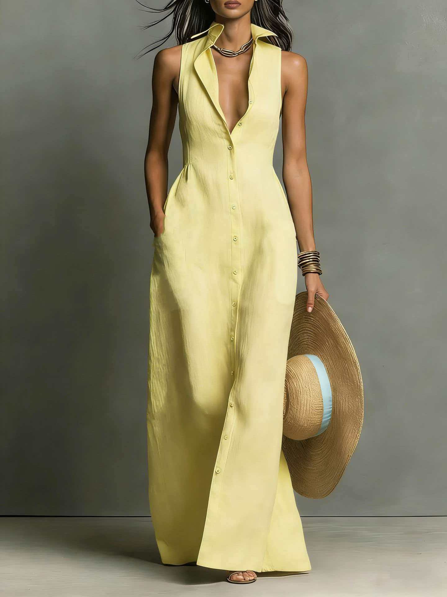 Solid V-Neck Sleeveless Shirt Dress