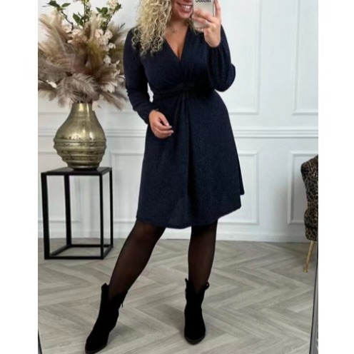 V-Neck Long Sleeve Tie-Waist Midi Dress