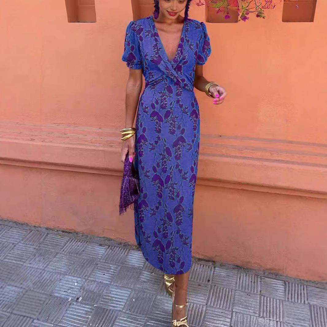 Women's Ruched Print V-Neck Short Sleeve Midi Dress