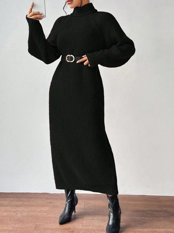 Women's Turtleneck Long Sleeve Knit Sweater Dress Solid Color Long Pullover