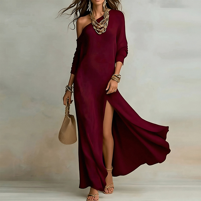 Women's Summer French Casual Slim Fit Solid One-Shoulder Slit Dress