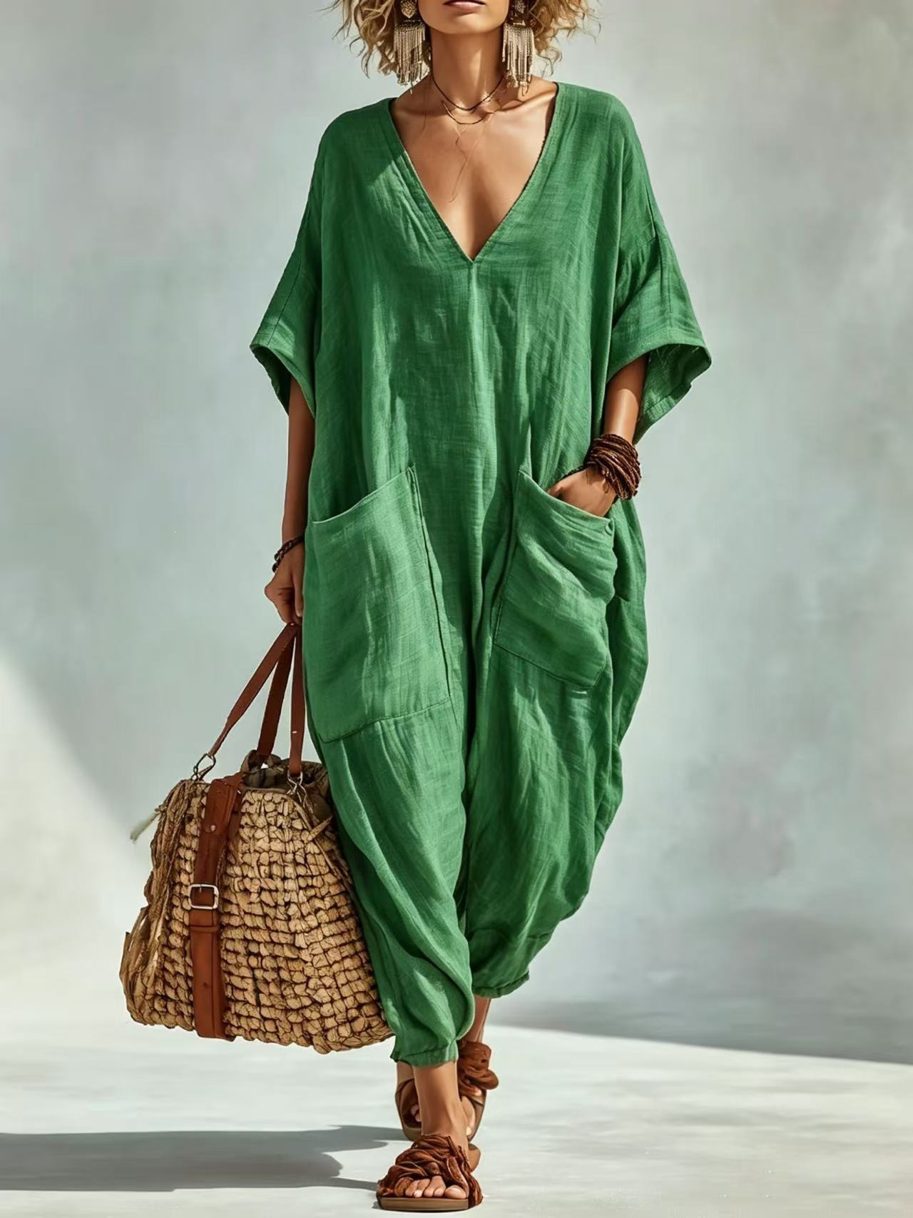 Women's Loose V-Neck Linen-Blend Jumpsuit with Pockets, Lantern Pants, Beach Vacation