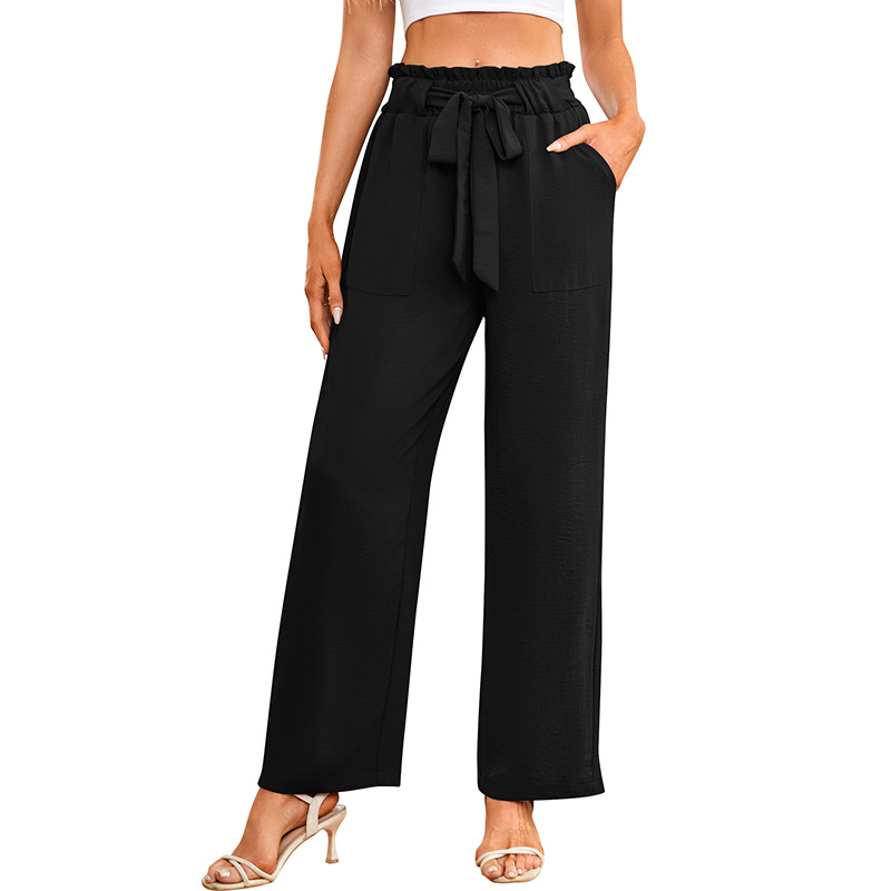Women's High-Waist Wide-Leg Pants with Tie, Solid Color, Loose Fit