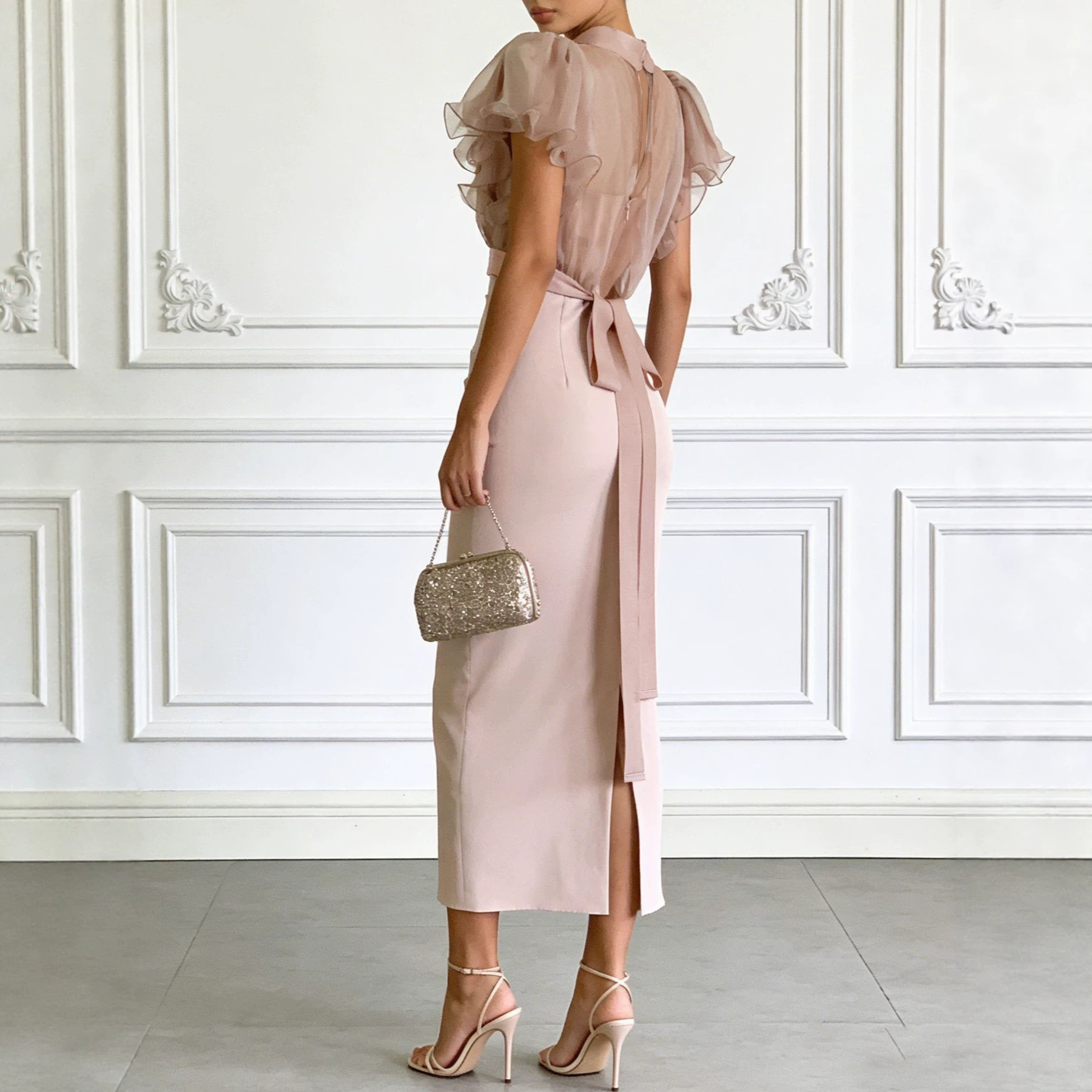 Sheer Mesh Lace-Up Waist Top with Cami Bodycon Dress Set