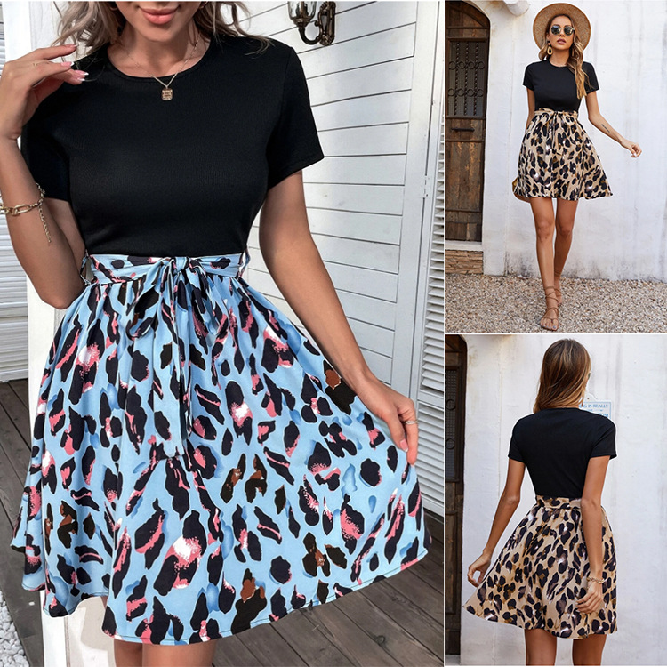 Women's Floral Print Patchwork Lace-Up Bow Dress