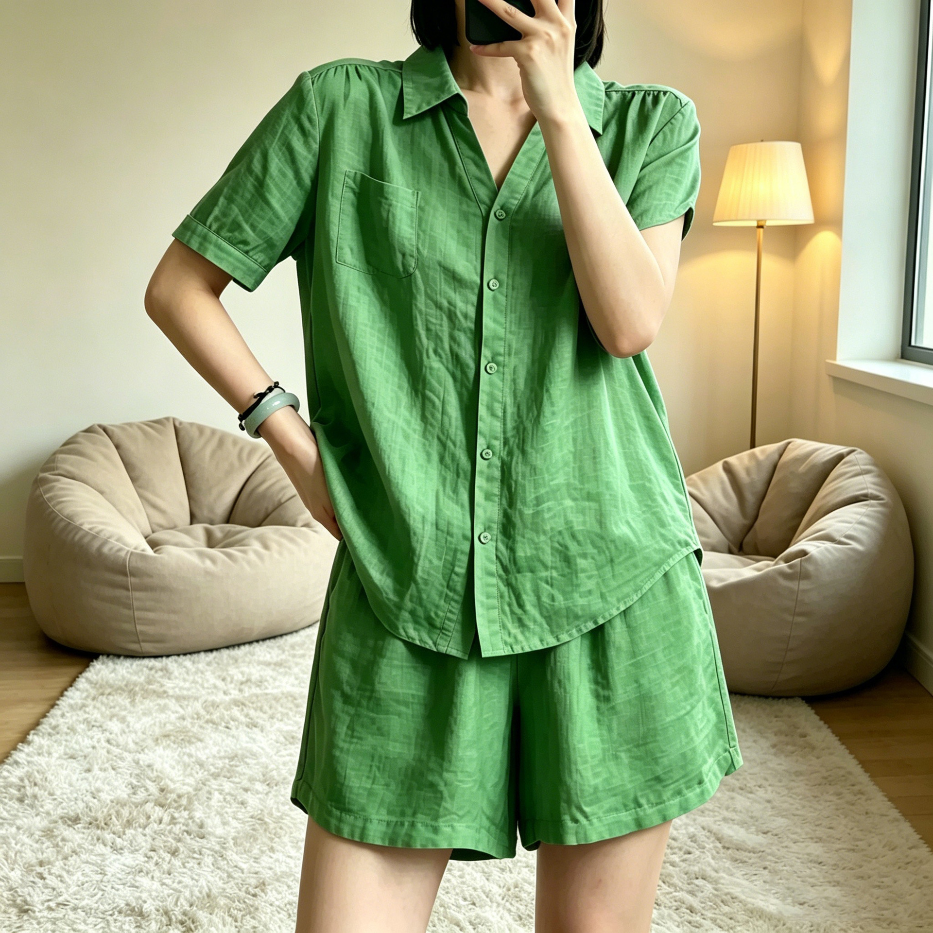 Women's Casual Solid Color Shirt and Shorts Set with Lapel Collar and Short Sleeves