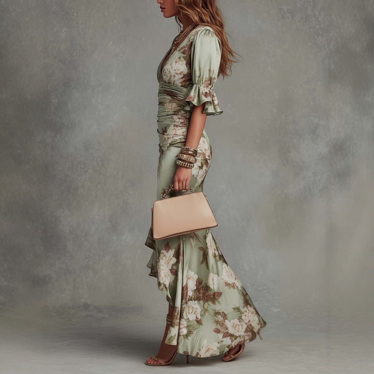 V-Neck Floral Print Ruffle Hem Long Dress