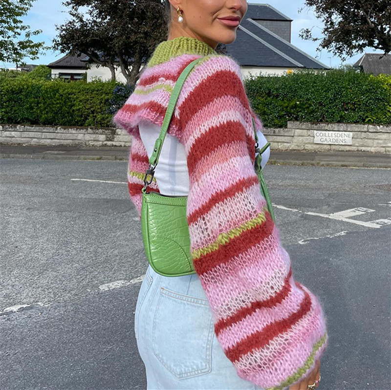 Colorful Striped Cropped Knit Top with Lantern Sleeves