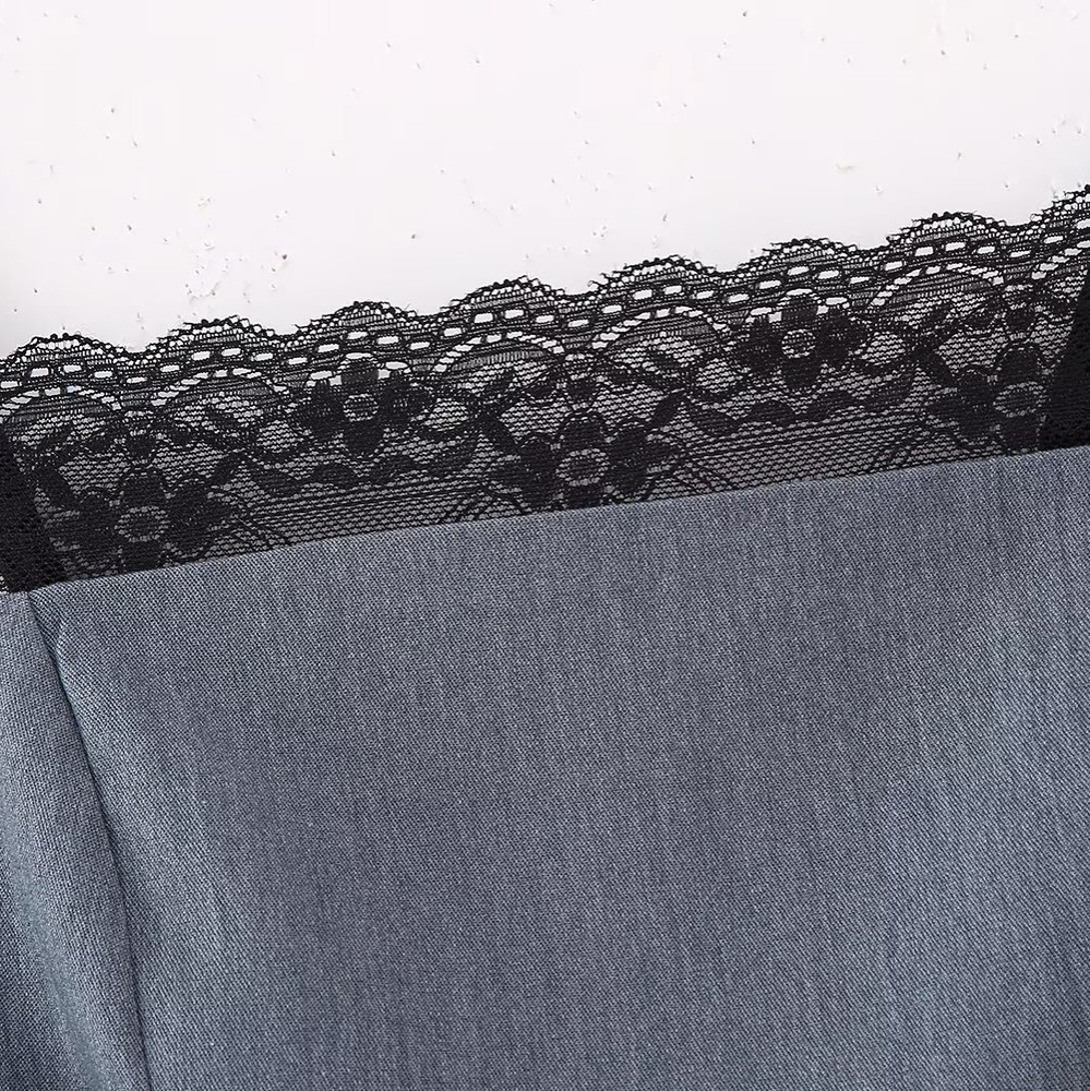 Women's Lace Detail Pinstripe Dress V-Neck Short Sleeve A-Line Midi Gray