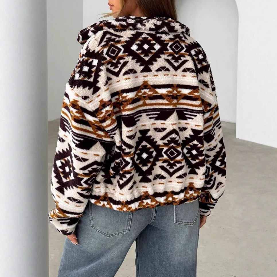 Women's Loose Fit Printed Hooded Fleece Jacket