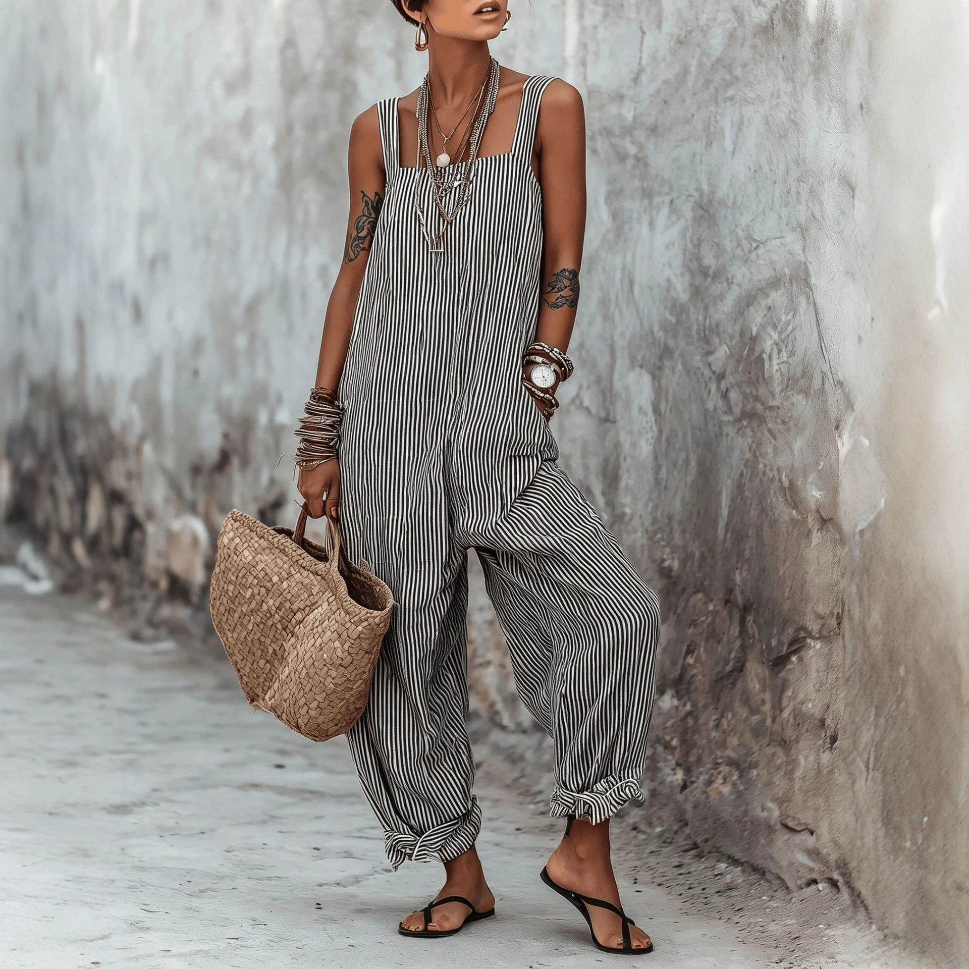 Women's Sleeveless Striped Print Loose Casual Jumpsuit