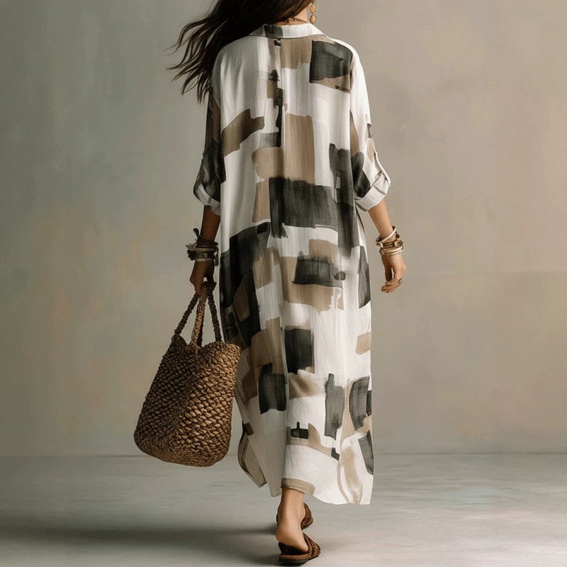 Women's Geometric Print Button-Front Long Sleeve Maxi Dress