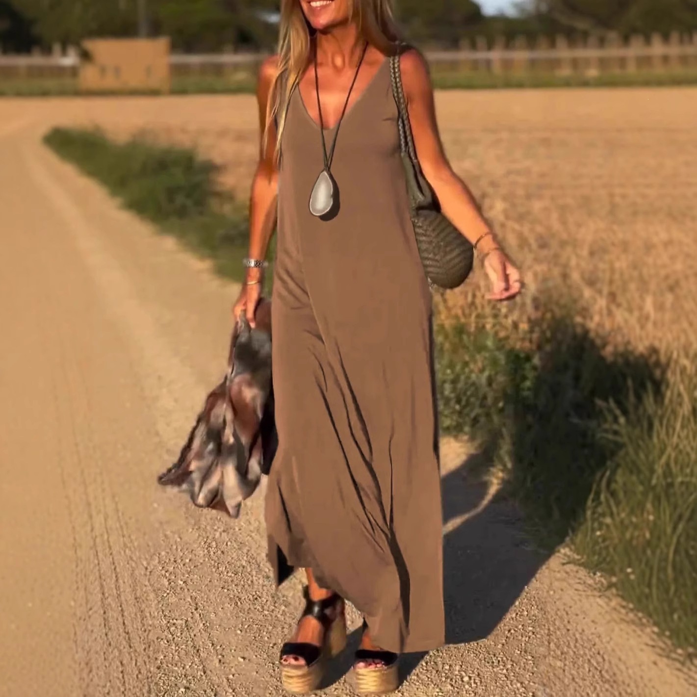 V-Neck Sleeveless Knit Maxi Dress Casual Slim Fit