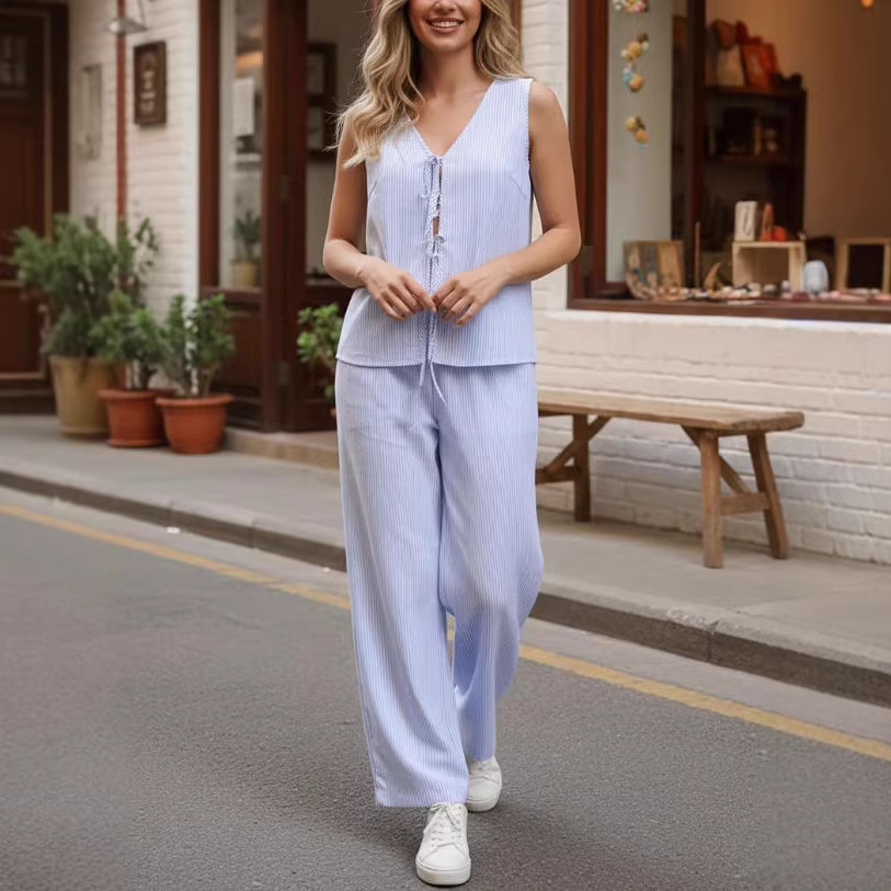 Striped Tie-Front Top & Wide-Leg Pants Two-Piece Set