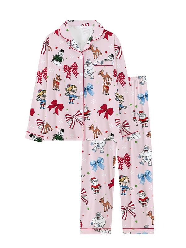 Cuban Collar Christmas Snow Monster Reindeer Print Long Sleeve Women's Set